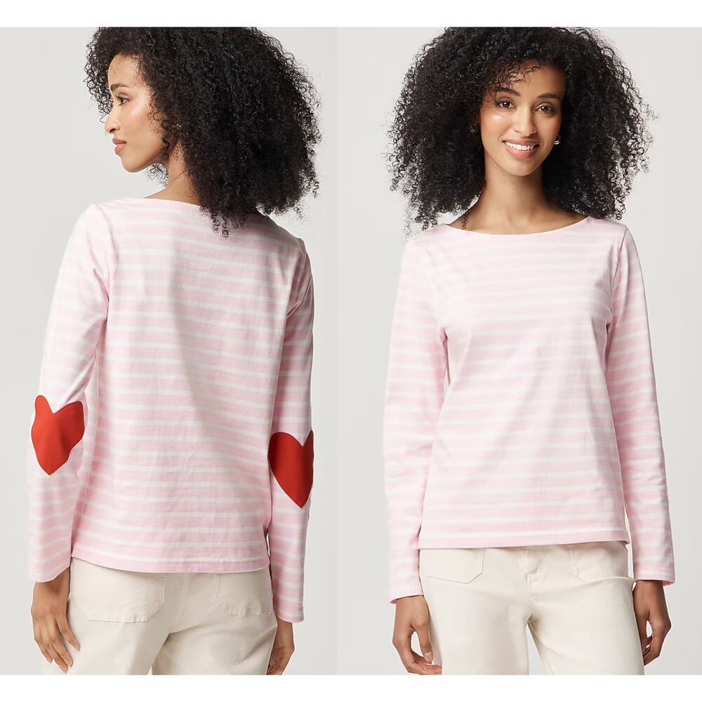JCrew Factory | NWT Striped Boatneck Top Heart Elbow Patches Pink Cream | Sz M